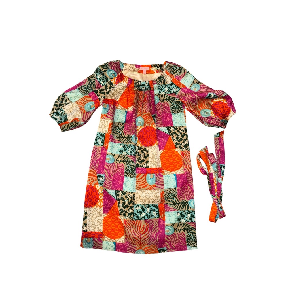 Lilly Pulitzer Silk Shift Dress Womens 2 Multicolor Patchwork Balloon Sleeve
